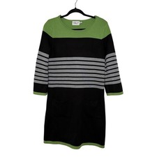 Eliza J Sweater Dress M Black Gray Green Stripe 3/4 Sleeve Knit Pockets