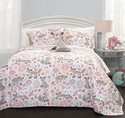 Pixie Fox Reversible Quilt Set 4 Piece, Full/Queen Gray and Pink Fun Lightweight
