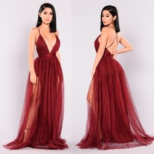 Fashion Nova Plunge V-Neck Sleeveless Tulle Maxi Wine Red Dress Slit Gown Small
