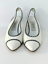 Bally Italy Women's 8M White Navy Leather Slingback Pumps Pointed Toe Heels Vtg