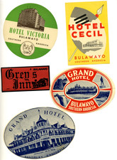 RHODESIA ~Bulawayo & Salisbury~  5 Great ORIGINAL Hotel Luggage Labels / Label