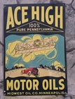 VINTAGE ACE HIGH MOTOR OIL PORCELAIN GAS PUMP SIGN MIDWEST OIL CO. 17.5"×12"
