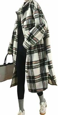Women's Lightweight Spread Collar Wool Blend Plaid Midi Shacket Trench Coat