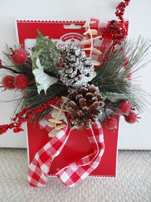 New HOLIDAY TIME DECOR BOW Hanging Wall Door Red Pine Cones Greenery Christmas