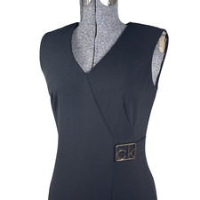 Calvin Klein Black Sheath Dress Size 2 CK Logo Buckle Stretch Sleeveless