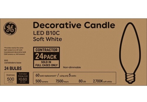 24-Pack GE Decorative Candle LED B10C Soft White Light Bulbs w/ Candelabra Base - Picture 5 of 10