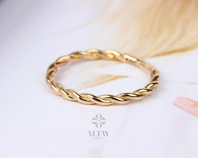 14K massiver Gold Drehring, Seil Stil gedrehter Goldring, zierlicher Vorsteckring