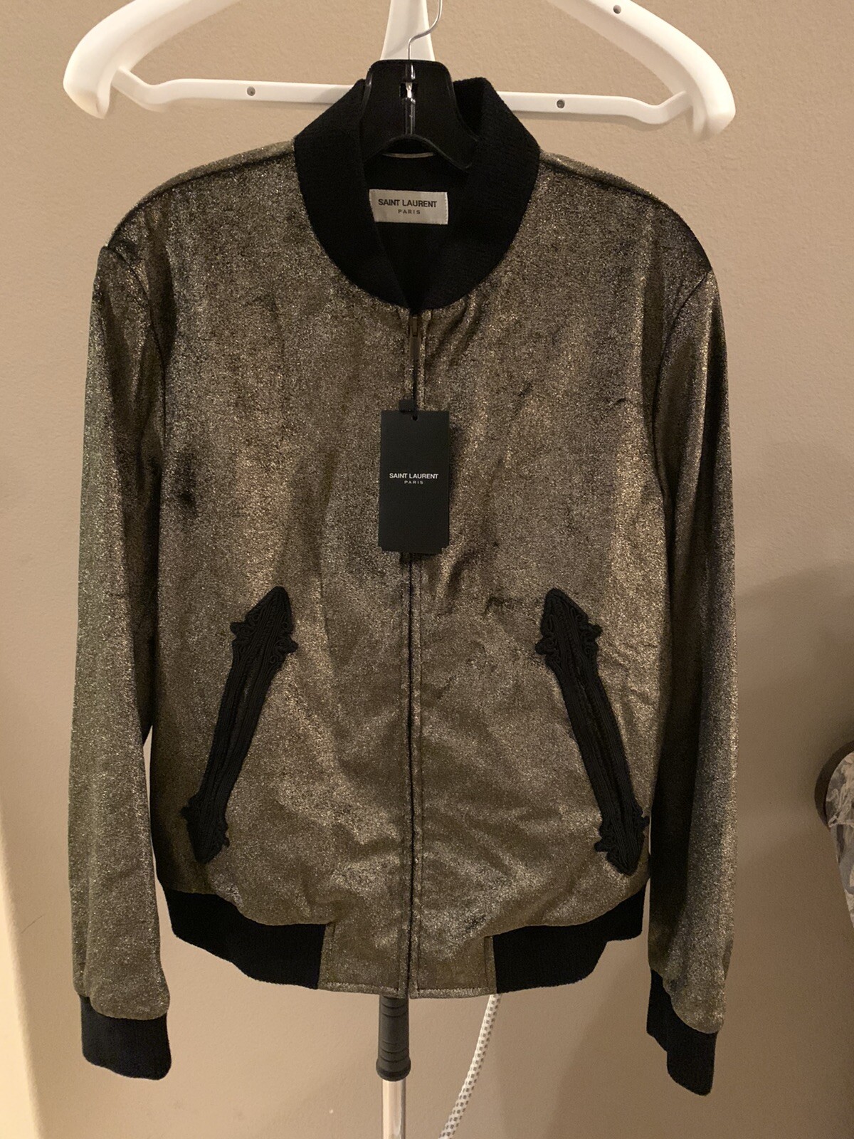 Giacca bomber autentica Saint Laurent ZIP taglia 50 oro metallizzato nuovissima con etichetta