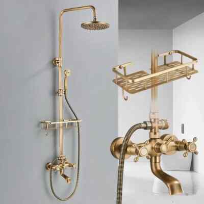 Antique Brass Exposed Shower Faucet Tub Spout System 8'' Rainfall Head Combo Set