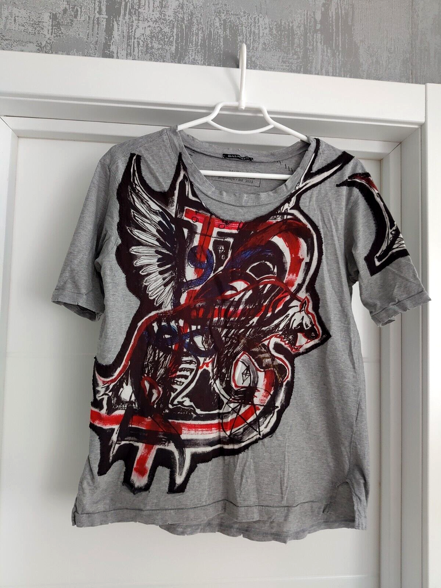 BALMAIN Printemps 2011 Graffiti Crest Top T-Shirt Gray Cotton
