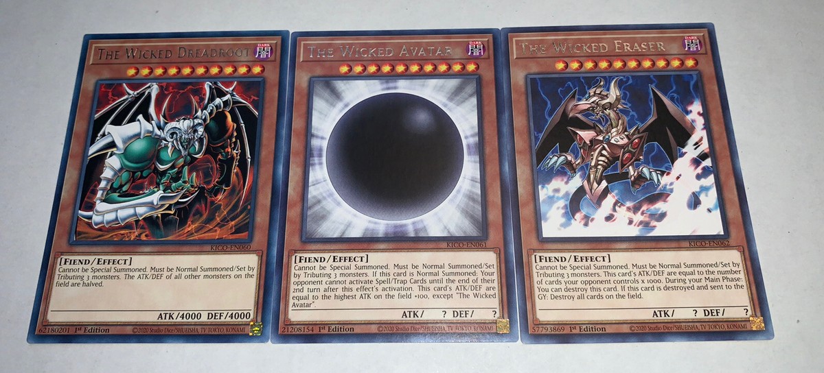 Yugioh Wicked Gods Set - Eraser + Dreadroot + Avatar - Rare KICO 1st Edition HOT Yugioh Wicked Gods Set - Eraser + Dreadroot + Avatar - Rare KICO 1st Edition HOT