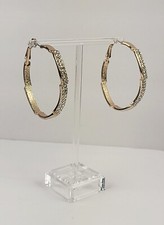 Vintage Sparkly Gold Tone Rhinestone Studded Large 2" Hoop Pierced Earrings