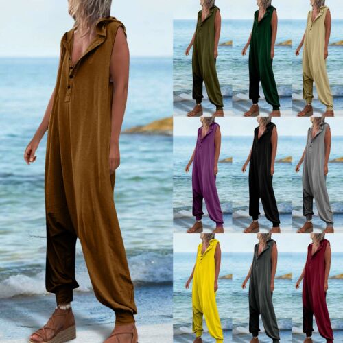 Women's Overalls Casual Loose Sleeveless Hooded Bib Cuffed Jumpsuit With Pockets