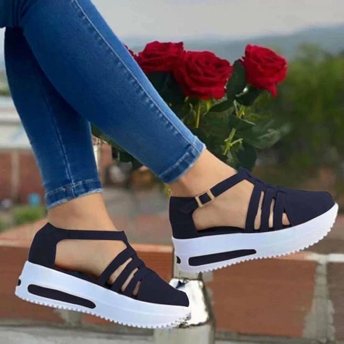 Damen Keilabsatz Plateau Sandalen Runde Schnalle Sommerschuhe Geschlossene Zehe Knöchelriemen - Bild 7 von 19