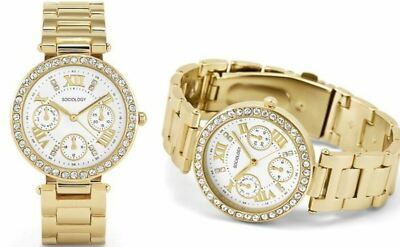 NEW Sociology 2385H Women's Warm Vanilla Dial Solid Gold Case Steel Link Watch