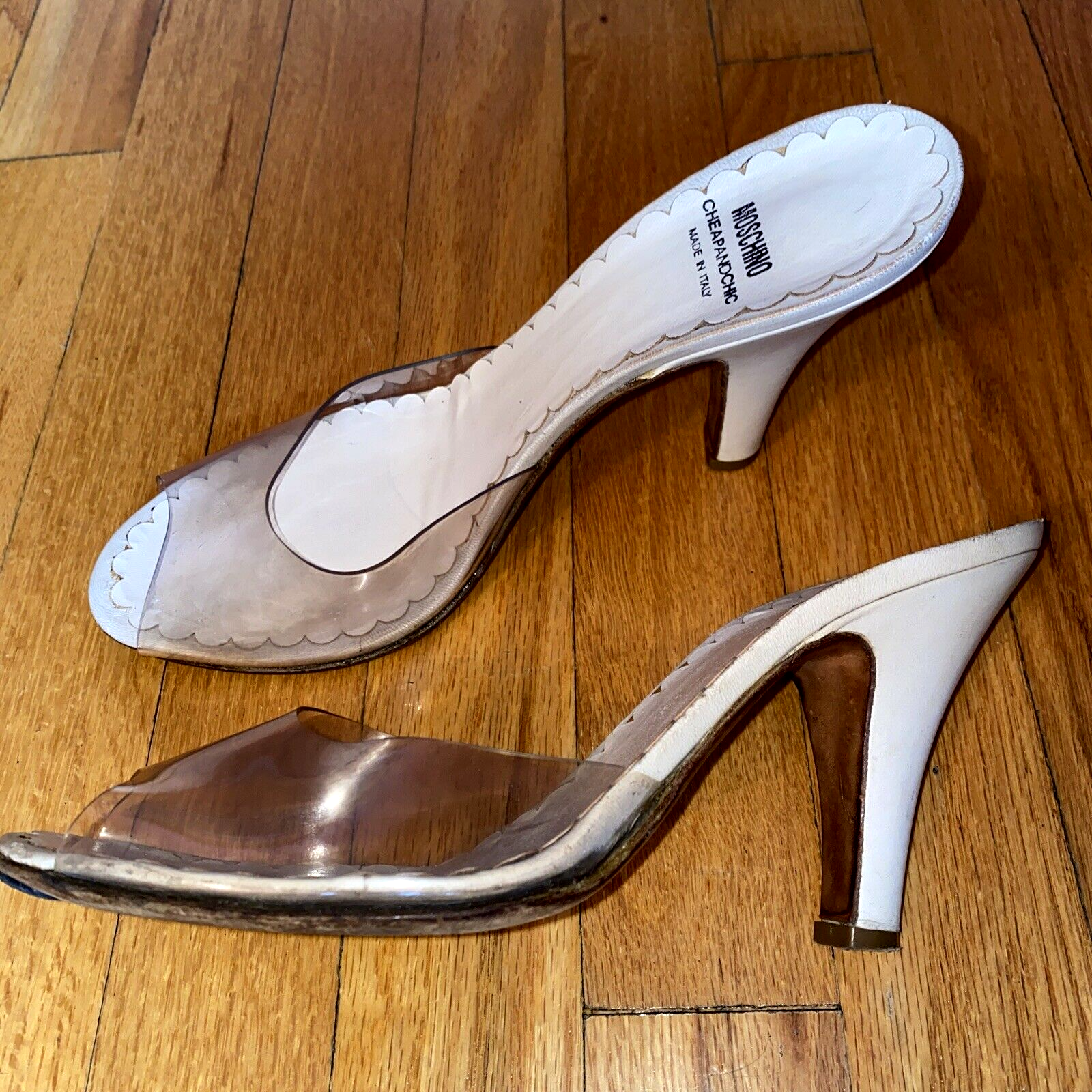 Moschino Y2K Vintage Ecru Off-White Leather Clear Top 4 Cuban Heels Mules  40 9 | eBay