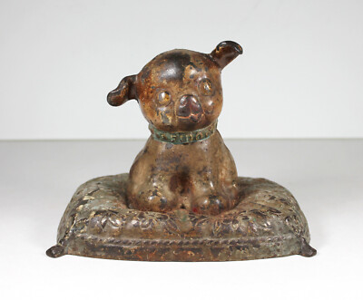 Antique c1920s HUBLEY FIDO ON PILLOW Still Bank Puppy Dog Cast Iron