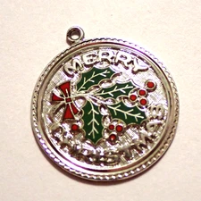 VTG Merry Christmas Holly Sprig Charm Enamel Red & Green Sterling Silver 7/8"