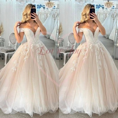 Blush Pink Off Shoulder Wedding Dresses with Sheer Neck A-Line Bridal Gowns