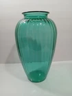 Vintage Anchor Hocking Teal Blue Green Ribbed Art Deco Glass Vase 13 Tall