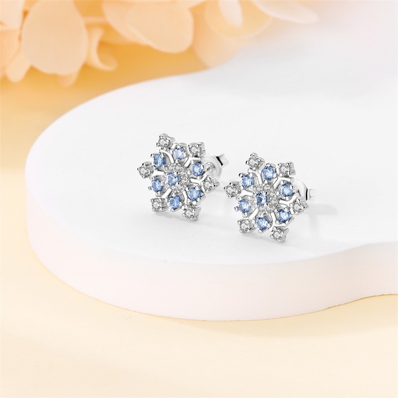 KUNSIR 925 SterlingSilver Blue Cubic Zirconia Snowflake Stud Earrings Women Gift