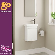 400 Matt White Cloakroom Wall Hung Vanity Unit Black Basin Tap & McAlpine Trap