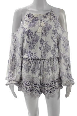 TJD Womens Jumpsuit White V Neck Damask Viscose Long Sleeve Size XS