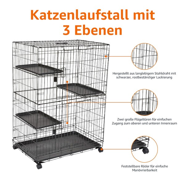 Amazon Basics GroßEr KatzenkäFig 3 Ebenen Schwarz Langlebig Biegsam 91X57X129 Cm-image