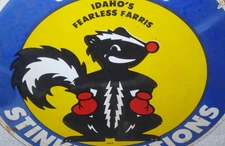 VINTAGE IDAHO FEARLESS FARRIS STINKERS STATIONS 12" PORCELAIN METAL GAS OIL SIGN