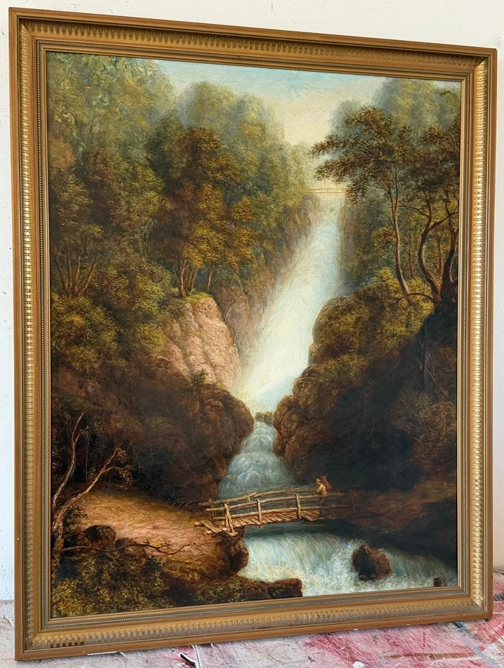 oil painting on canvas 19"x24" Hand made Bridge Figure Waterfall English school - Image 3 of 4