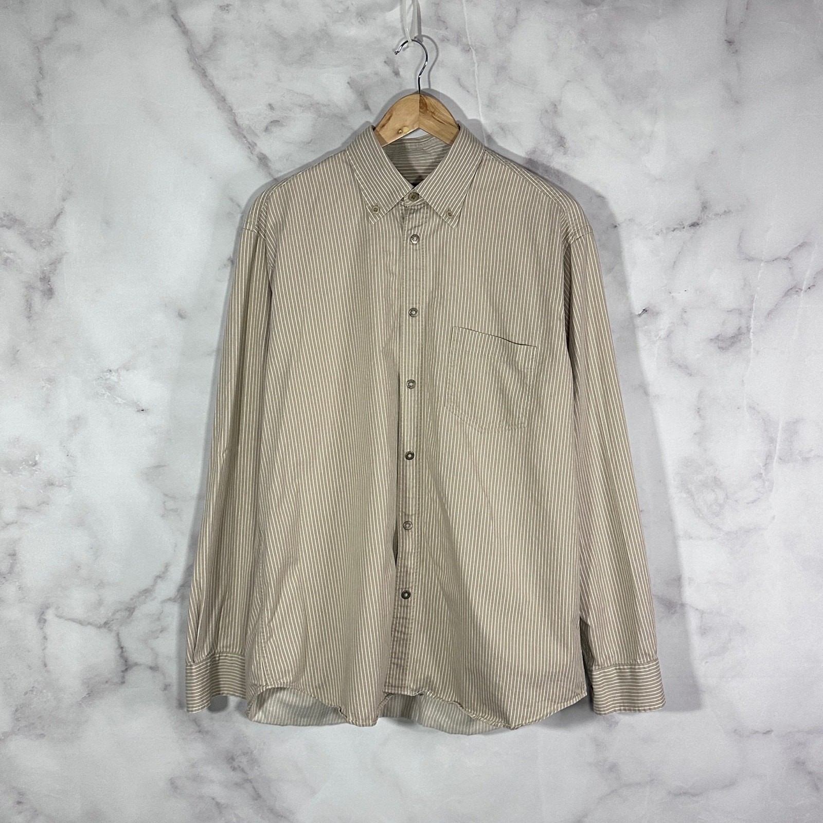 Ermenegildo Zegna, Zegna Camicia Sportiva con Bottoni Tan/Bianco XL Italia Camicia Abito a Righe Vintage