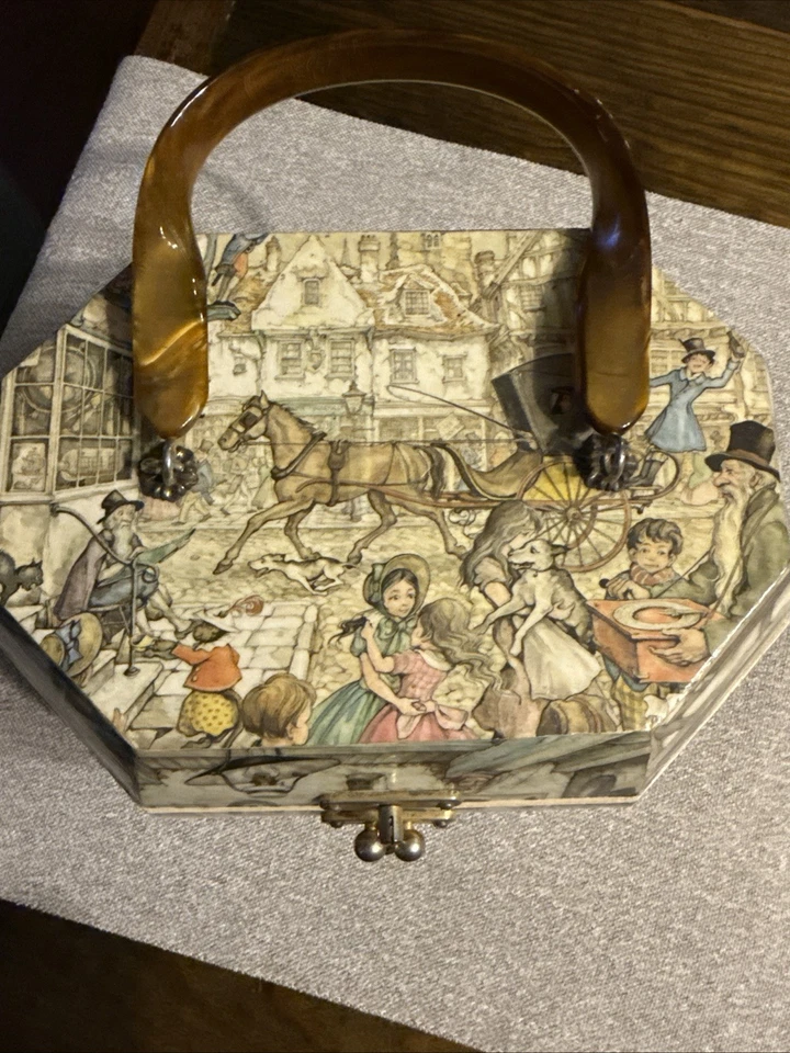 "Cartera caja madera decoupage vintage mango baquelita S bronceado/Anton Pieck 10"" W 5"" H" Foto 4 de 4