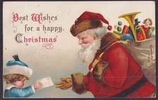 Christmas Santa Claus accepts letter from child in blue postcard 1908 Clapsaddle