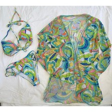 3 Piece Psychedelic Swirl Bikini Set with Mesh Cover Up Green Blue Pink
