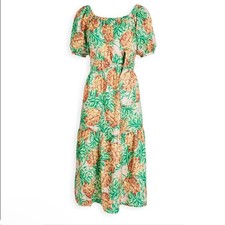 FARM Rio | Linen Sundress Pineapple Garden Dress Puff Sleeve Pink Green Midi S