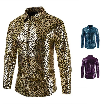 Herren Punk Gothic Shirt Tops Langarm Rüschen Schlangenhaut Muster Goldfolie - Bild 1 von 4