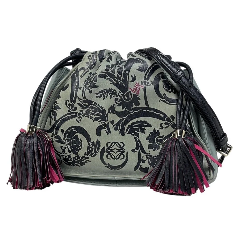 Loewe — Loewe Anagram Drawstring Flamenco Fringe Leather Green Shoulder Bag #BS1091
