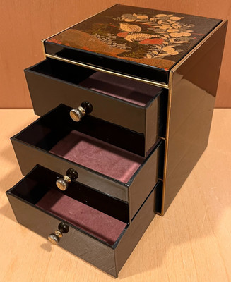Vintage Otagiri Black Lacquerware 3 Drawer Floral Bird Mirror Jewelry Box Japan