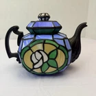 Vtg Tiffany Style Stained Glass Teapot Lamp Cheyenne Rose Blue Accent Light
