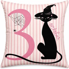 021 Pink Halloween Black Cat Throw Pillow 18x18 Inch Insert Included