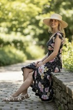 Vintage Y2K 90s Black Floral Babydoll Fairy Whimsical Midi Dress Medium Grunge
