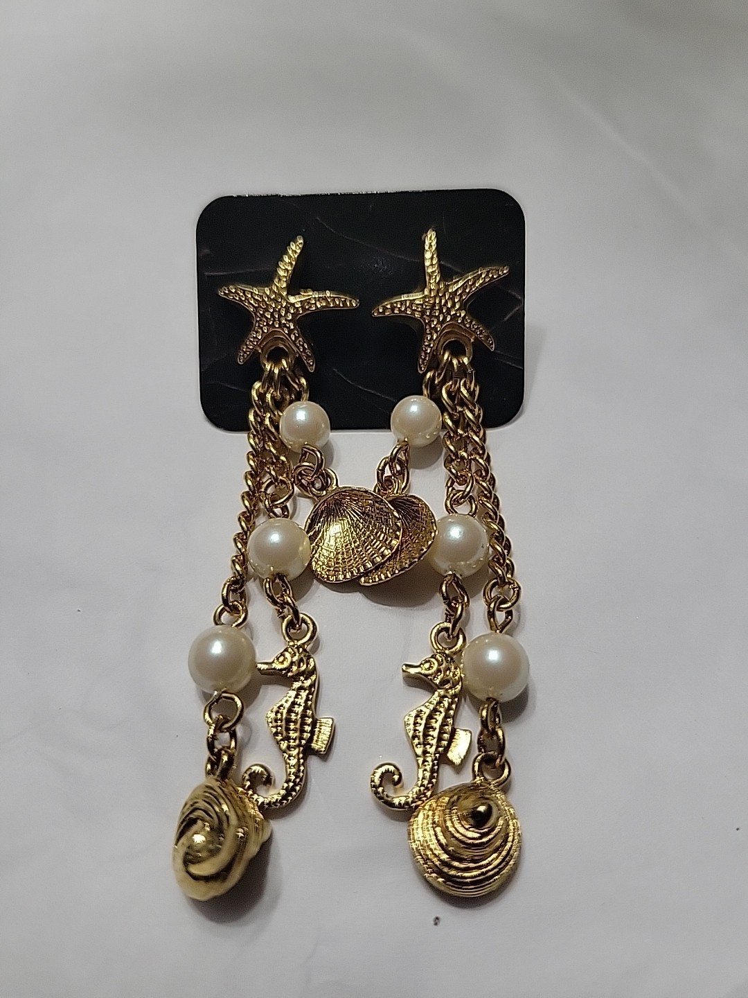 Nautical Shell Charm Dangle Earrings Seahorse Sta… - image 2