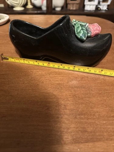 McCoy Vintage Pottery 1940-1960 Dutch Black Shoes Clog Planter Pink Rose Pattern