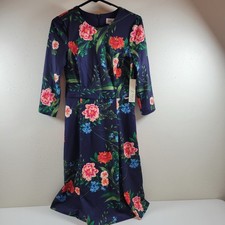 NWT Eliza J Floral Midi Dress Womens 6 Navy 3/4 Sleeve Fit Flare EJ2M9831