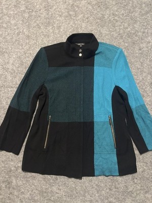 Misook Jacket Womens Small Black Blue Colorblock Knit Stand Collar Zip Pockets