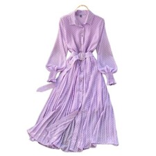 Lady Chiffon Pleated Dress Long Puff Sleeve Polka Dot Midi Button with Belt Soft