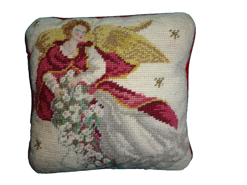Angel Needlepoint Petit Poin Wool Red Velvet Pillow 10”