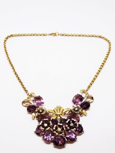 1940s Coro Purple Amethyst Glass Rhinestone Flower Necklace Bows Flowers Choker - Picture 3 of 7