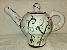Studio Art Pottery Hand Made Teapot White with Green Designs Rustic Heavy