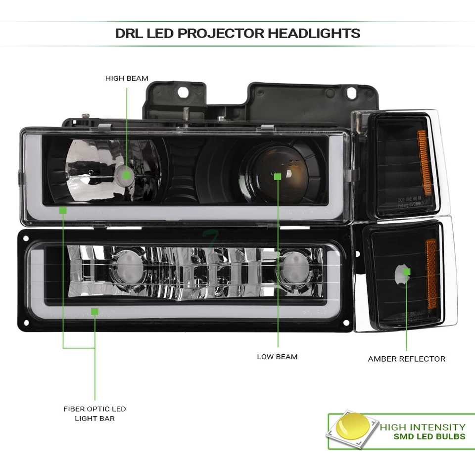 Topline For 94-00 Chevy C10 C/K LED Strip Projector Headlights+Corner+Bumper Blk Foto 3 de 4